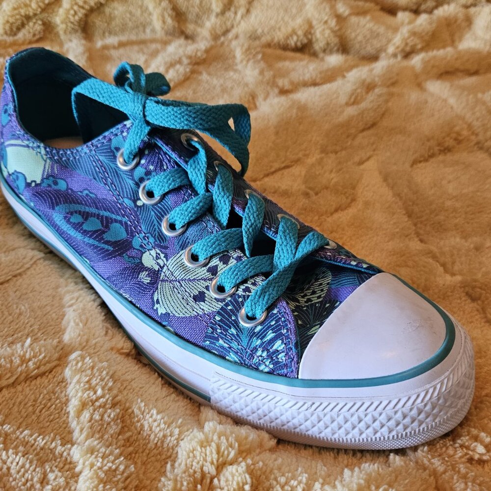 Women's Blue & Purple Tropical Skull Converse Low Top Shoes Canvas Sneakers Sz 7 - Picture 5 of 11